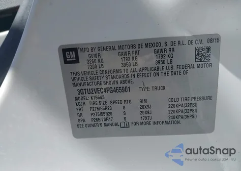 2015 GMC Sierra K1500 Slt z USA, uszkodzony, nr VIN 3GTU2VEC4FG465901